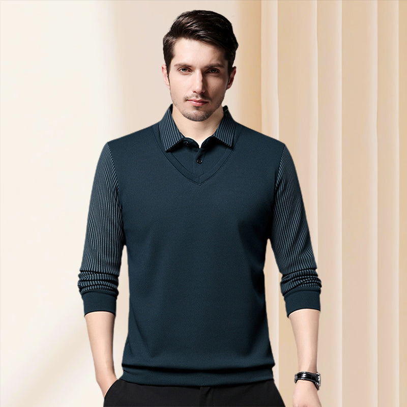 Pull homme effet chemise superposée à col rayé – Damien - vue 2