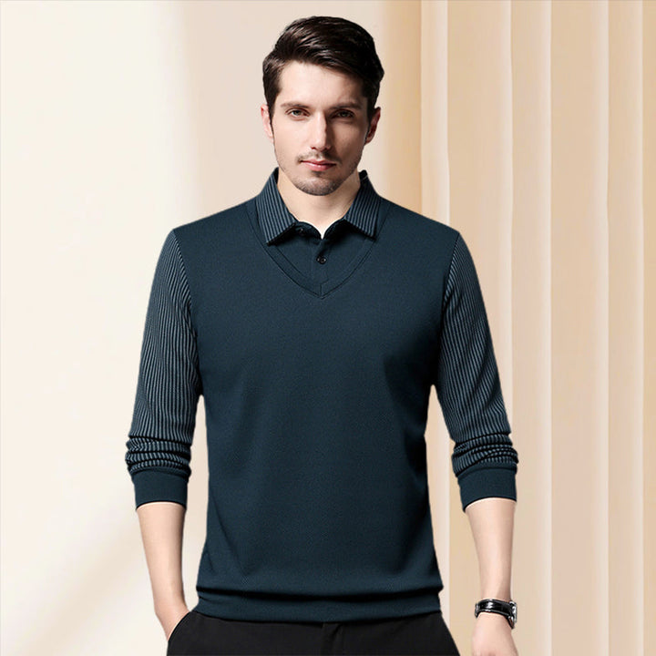 Pull homme effet chemise superposée à col rayé – Damien - vue 2