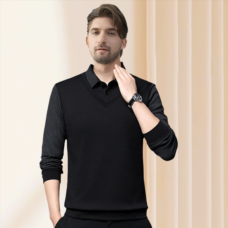 Pull homme effet chemise superposée à col rayé – Damien - vue 3