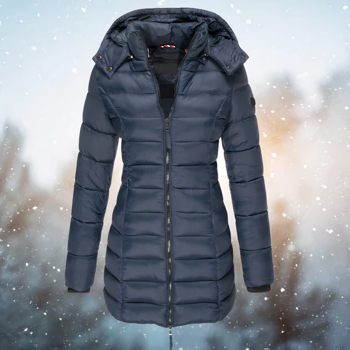 Parka mi-longue à capuche bordée de fourrure – Celes – Bleu marine