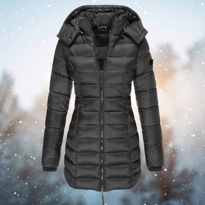 Parka mi-longue à capuche bordée de fourrure – Celes – Noir