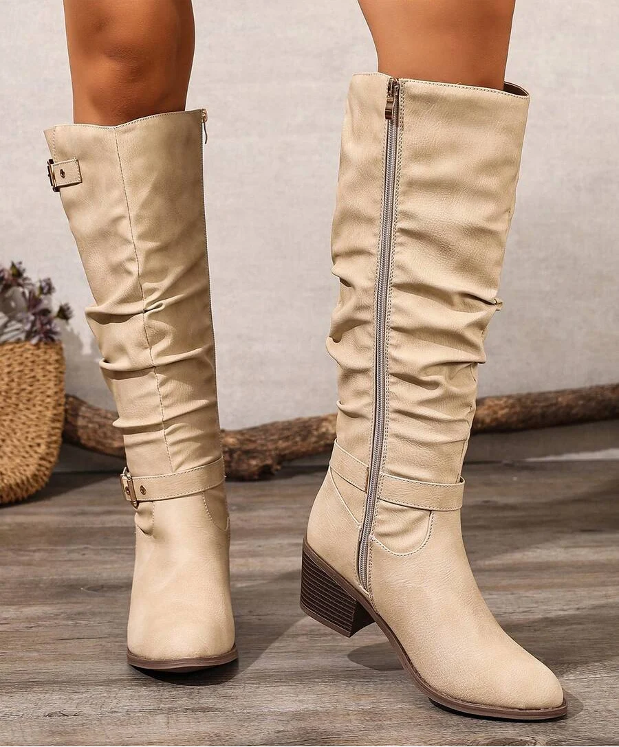 Bottes hautes femme en cuir vegan à double boucle et talon bloc – Victoire – vue 10