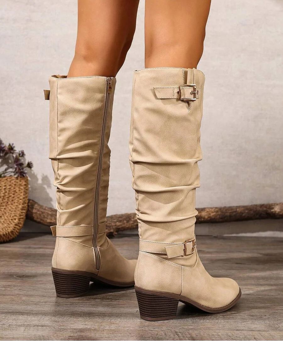 Bottes hautes femme en cuir vegan à double boucle et talon bloc – Victoire – vue 11