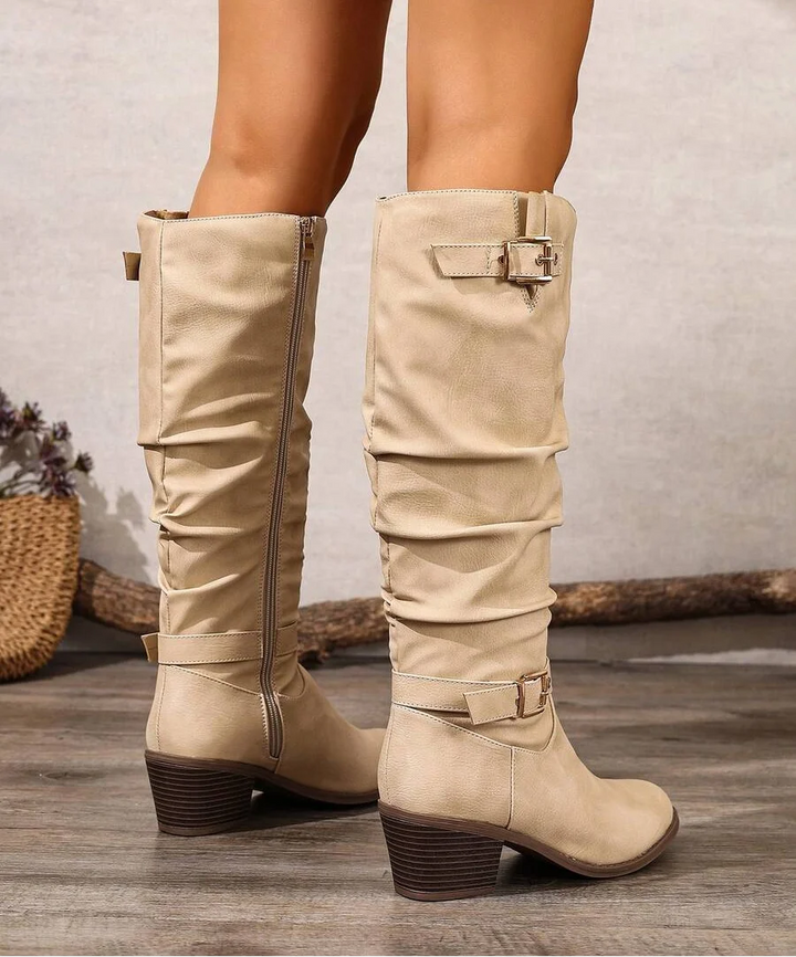 Bottes hautes femme en cuir vegan à double boucle et talon bloc – Victoire – vue 11