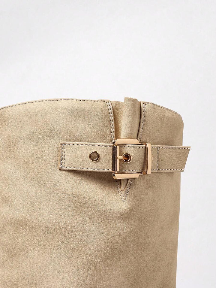 Bottes hautes femme en cuir vegan à double boucle et talon bloc – Victoire – vue 12