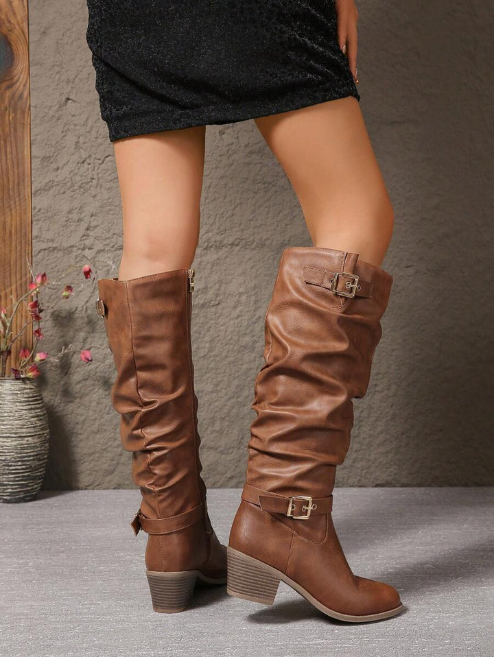 Bottes hautes femme en cuir vegan à double boucle et talon bloc – Victoire – vue 3
