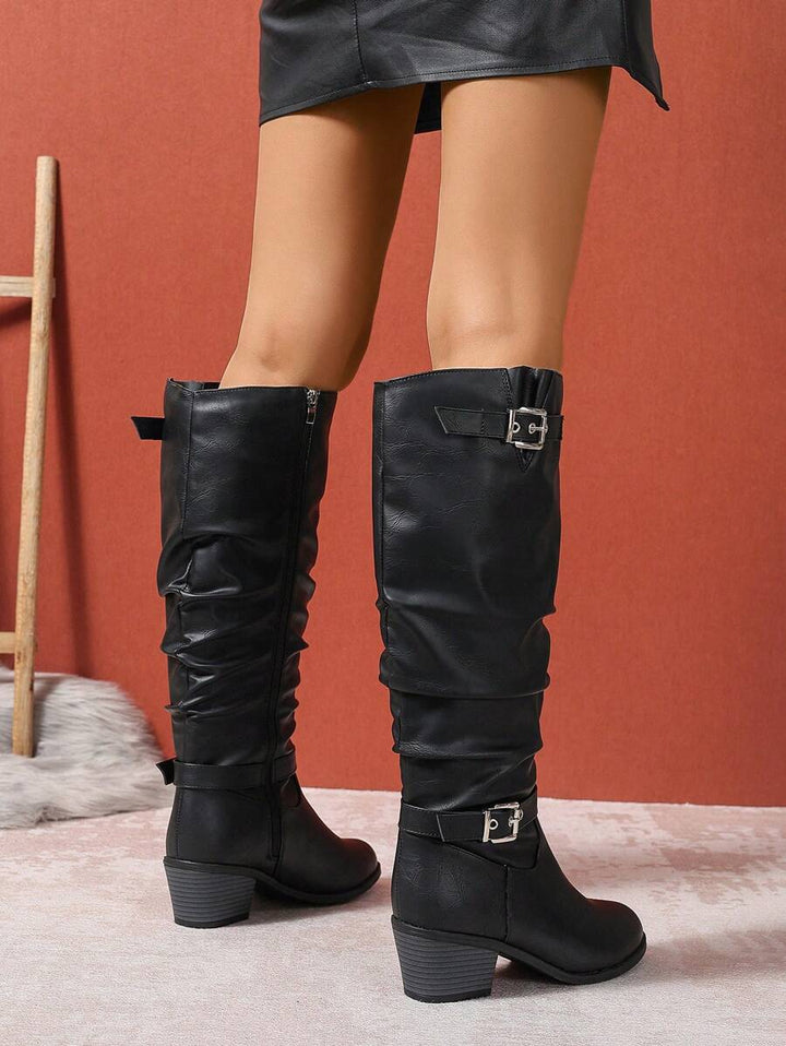 Bottes hautes femme en cuir vegan à double boucle et talon bloc – Victoire – vue 7