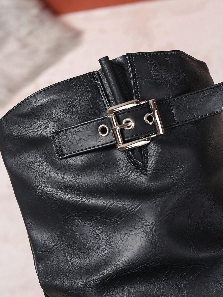 Bottes hautes femme en cuir vegan à double boucle et talon bloc – Victoire – vue 8