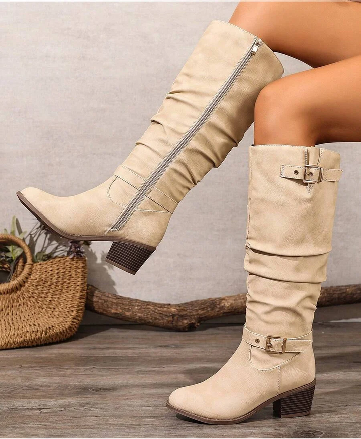 Bottes hautes femme en cuir vegan à double boucle et talon bloc – Victoire – Beige