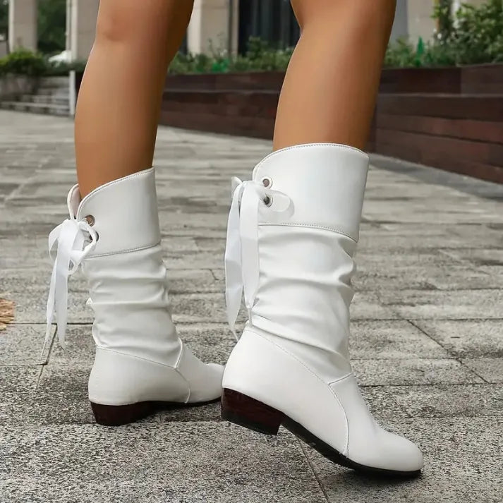Bottes hautes femme en cuir vegan à tige froncée et nœud – Rosalie – vue 9