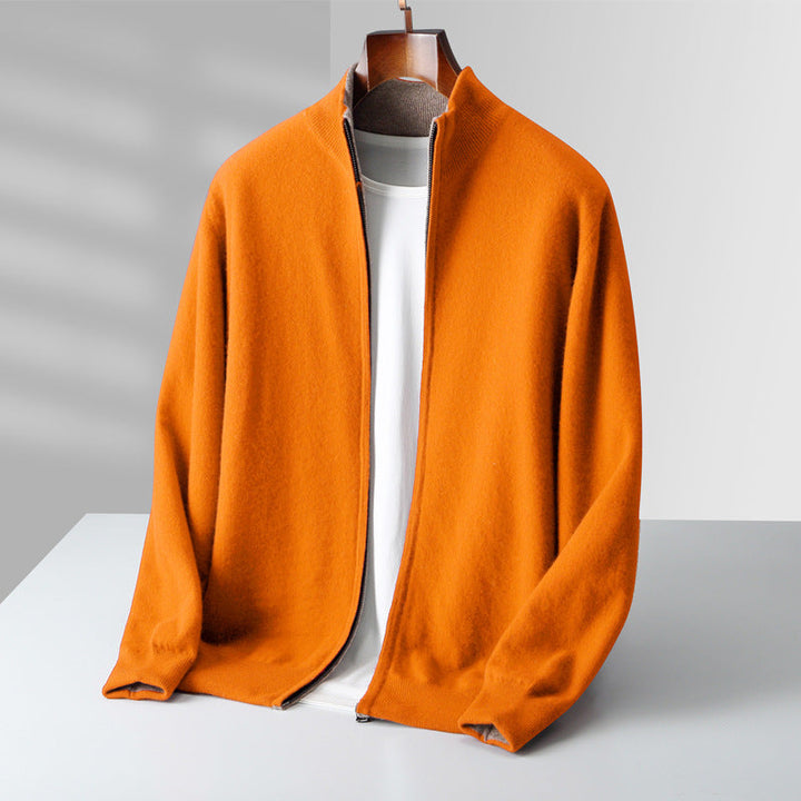 Cardigan zippé homme en maille fine à col côtelé – Théo – Orange