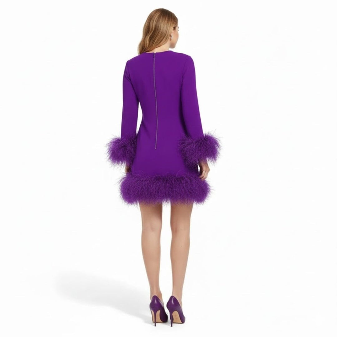 Robe courte femme à manches longues et ourlet en fausse fourrure – Fête – vue 12