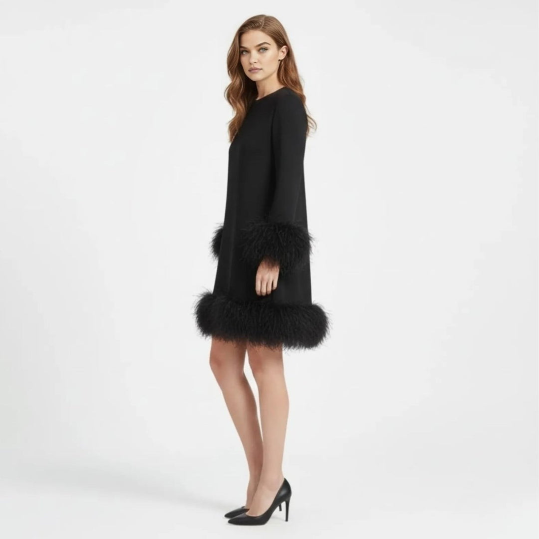Robe courte femme à manches longues et ourlet en fausse fourrure – Fête – vue 2