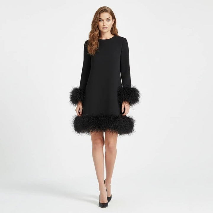 Robe courte femme à manches longues et ourlet en fausse fourrure – Fête – Noir