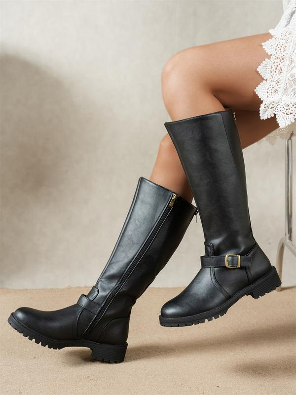 Bottes hautes femme effet cuir à boucle et semelle crantée – Bérénice - Noir