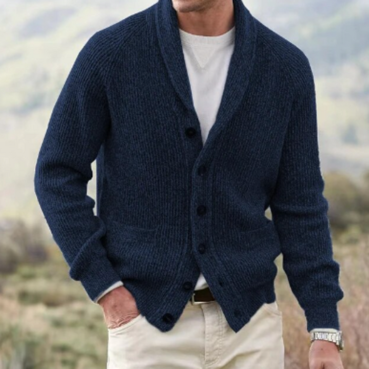 Cardigan homme en laine col V intemporel – Arthur – Bleu marine