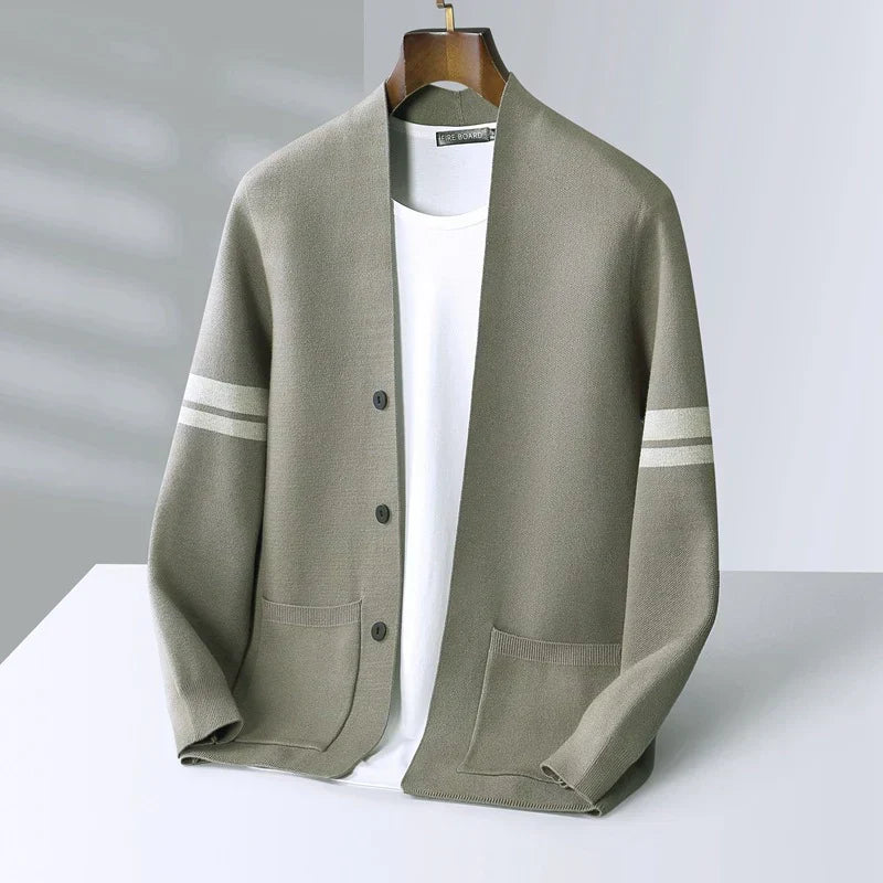 Cardigan boutonné homme en laine mérinos à rayures – Léon – Gris