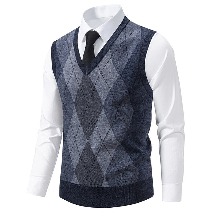 Pull sans manches homme col V à motif losanges en mélange mérinos – Argyle – vue 5
