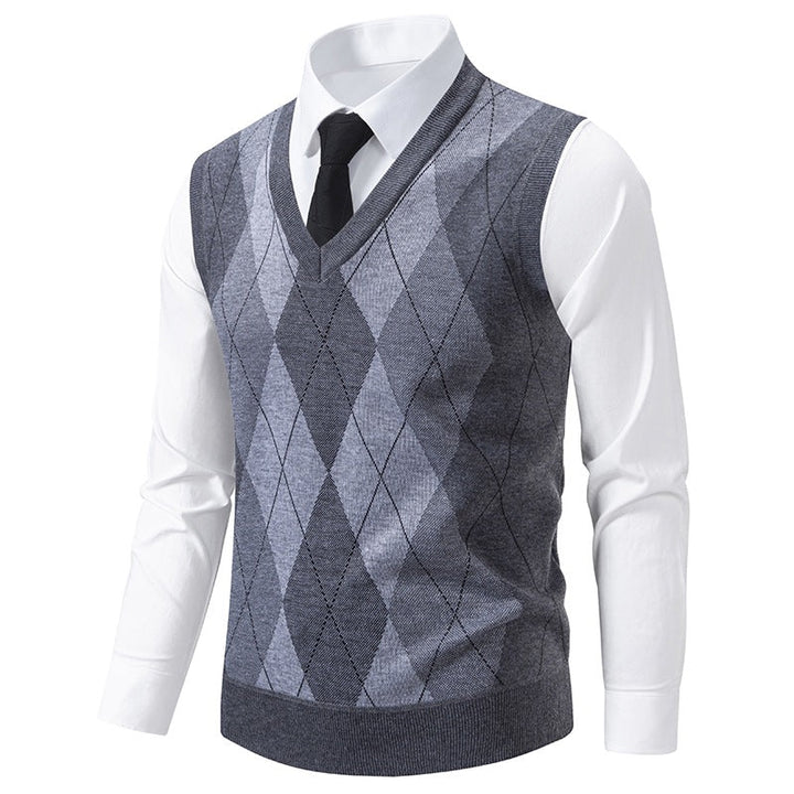Pull sans manches homme col V à motif losanges en mélange mérinos – Argyle – vue 4