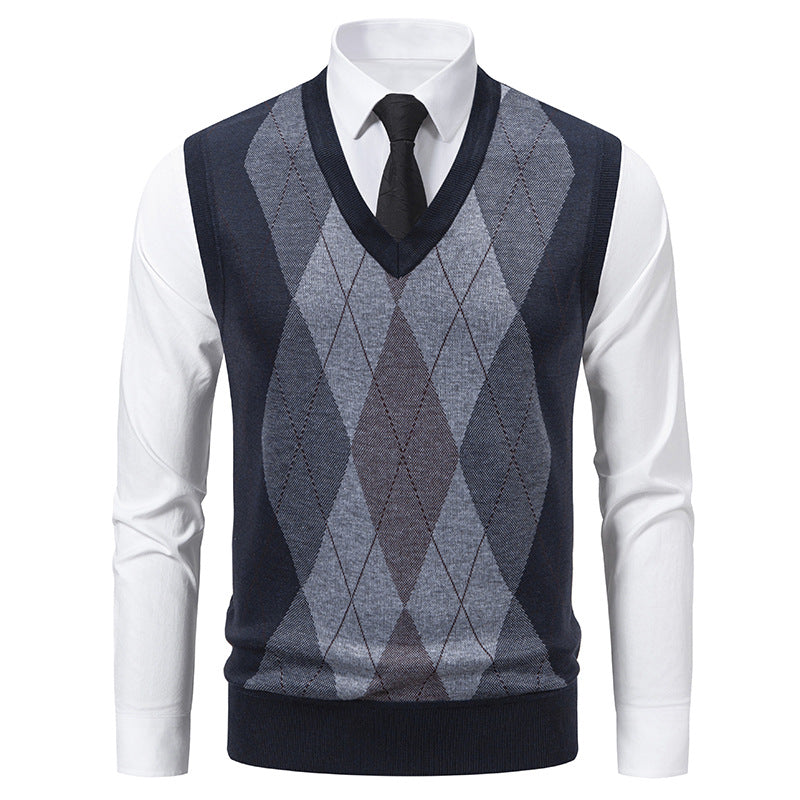 Pull sans manches homme col V à motif losanges en mélange mérinos – Argyle – Bleu marine