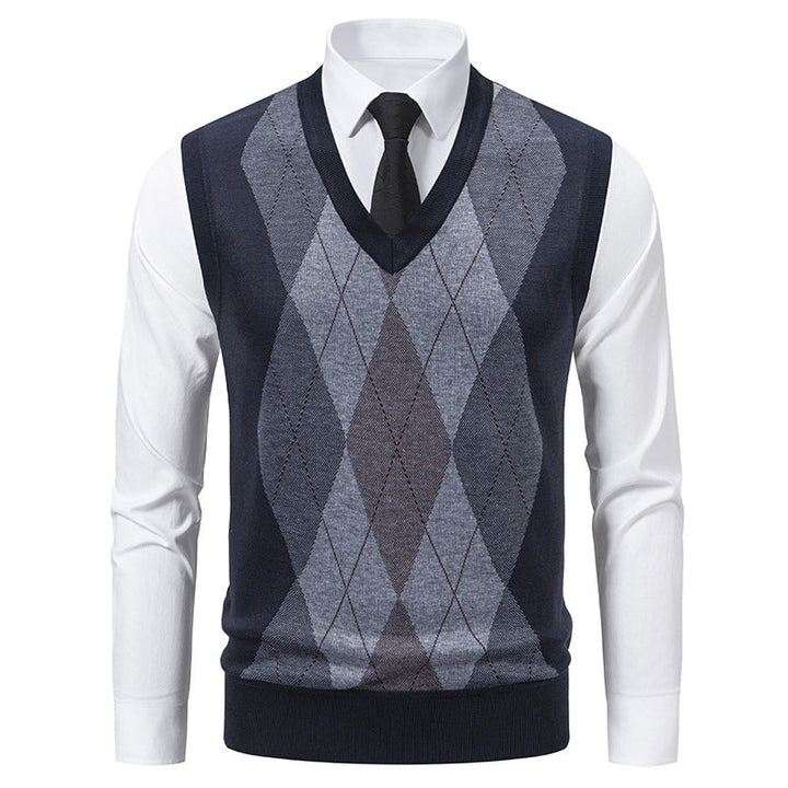 Pull sans manches homme col V à motif losanges en mélange mérinos – Argyle – Bleu marine