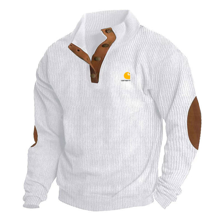 Pull camionneur homme en maille côtelée à col montant et coudières – Tobias – Blanc