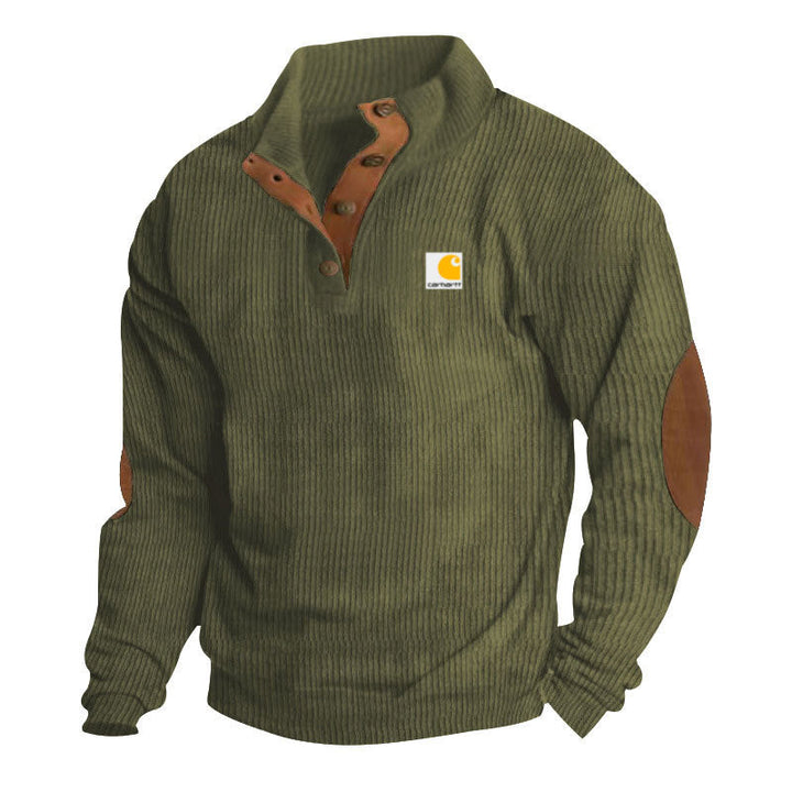 Pull camionneur homme en maille côtelée à col montant et coudières – Tobias – Vert olive