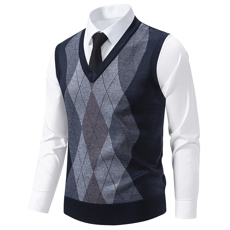 Pull sans manches homme col V à motif losanges en mélange mérinos – Argyle – vue 2