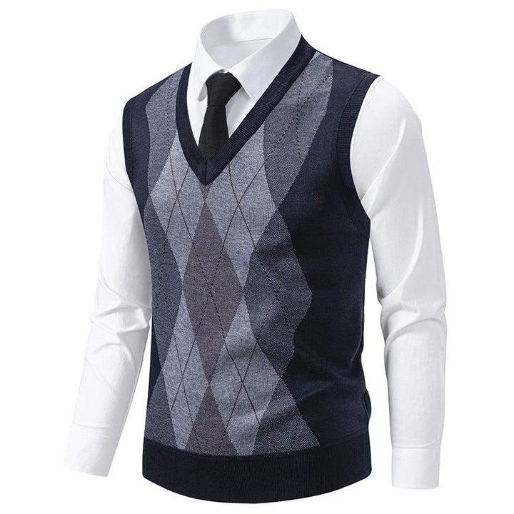 Pull sans manches homme col V à motif losanges en mélange mérinos – Argyle – vue 2