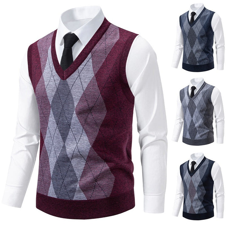 Pull sans manches homme col V à motif losanges en mélange mérinos – Argyle – vue 1
