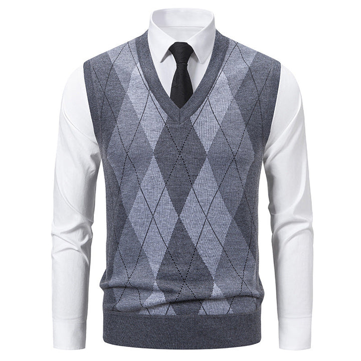 Pull sans manches homme col V à motif losanges en mélange mérinos – Argyle – Gris clair
