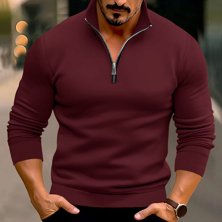 Pull homme ajusté en maille fine à zip court et col montant – Mune – Bordeaux