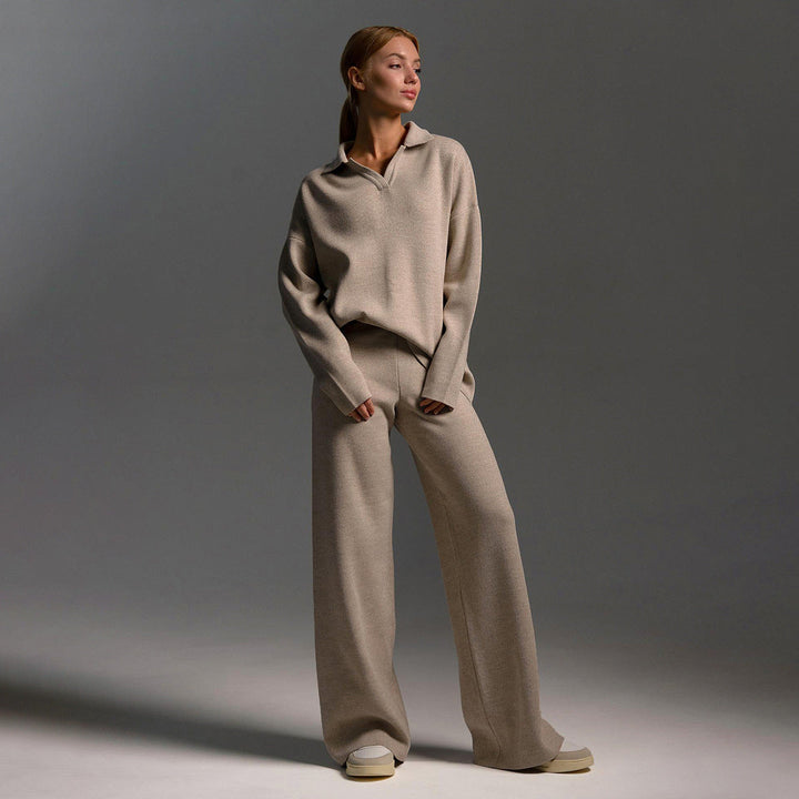 Ensemble femme en maille pull col polo et pantalon large – Juliette - vue 1