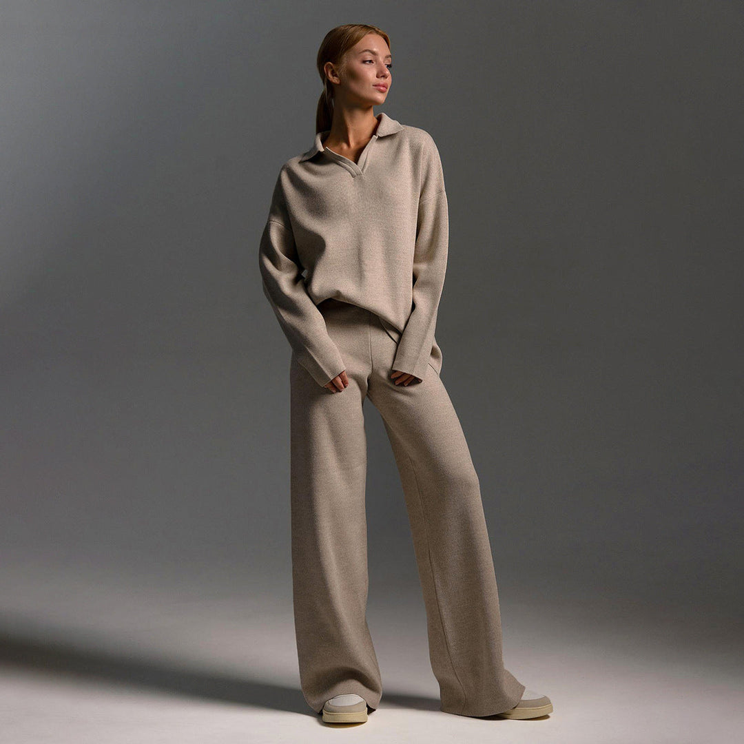 Ensemble femme en maille pull col polo et pantalon large – Juliette - Crème