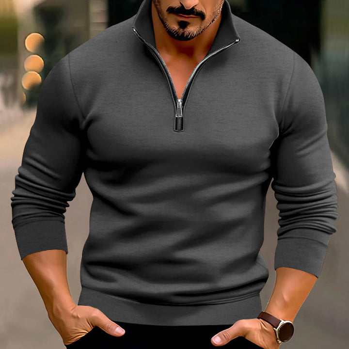 Pull homme ajusté en maille fine à zip court et col montant – Mune – Gris