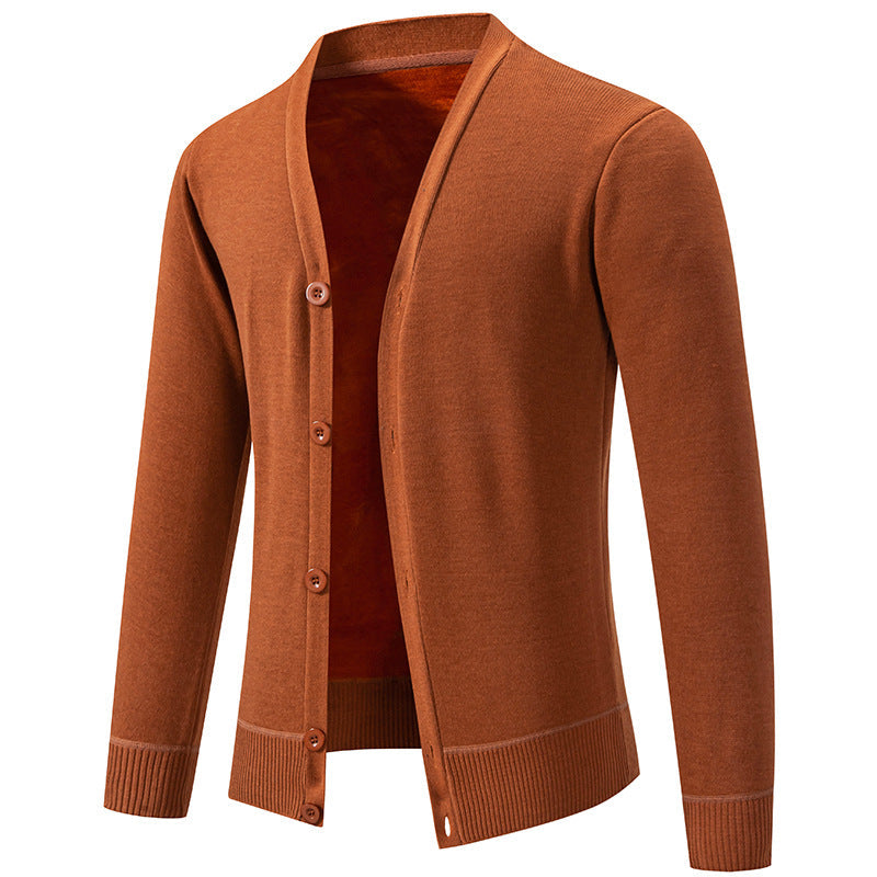 Cardigan léger homme en maille fine col V à patte cachée – Noé – Caramel