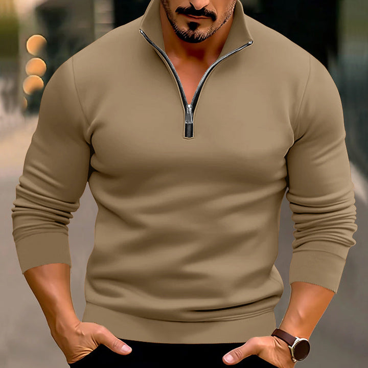 Pull homme ajusté en maille fine à zip court et col montant – Mune – Beige