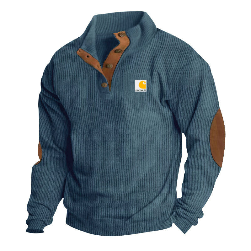 Pull camionneur homme en maille côtelée à col montant et coudières – Tobias – Bleu