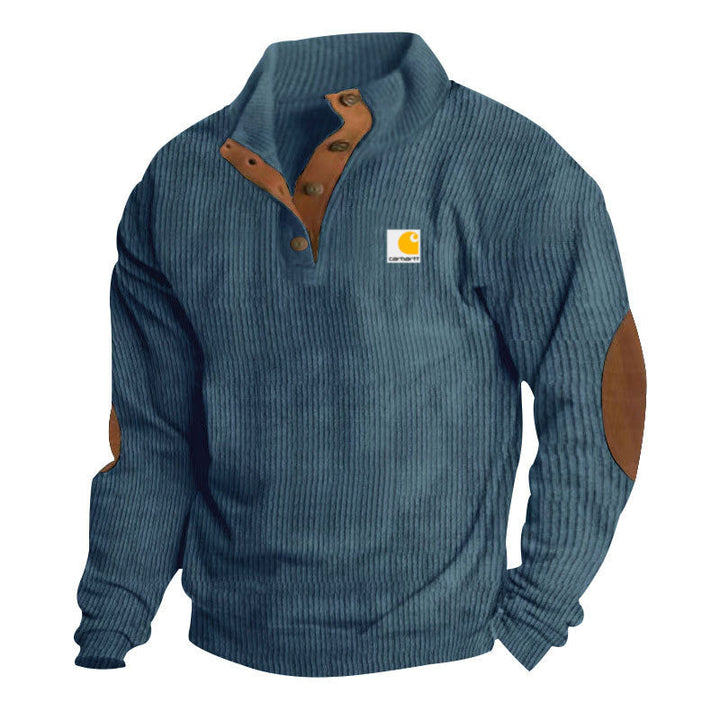 Pull camionneur homme en maille côtelée à col montant et coudières – Tobias – Bleu