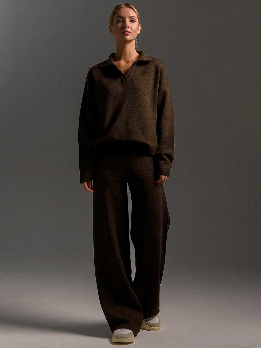 Ensemble femme en maille pull col polo et pantalon large – Juliette - vue 3