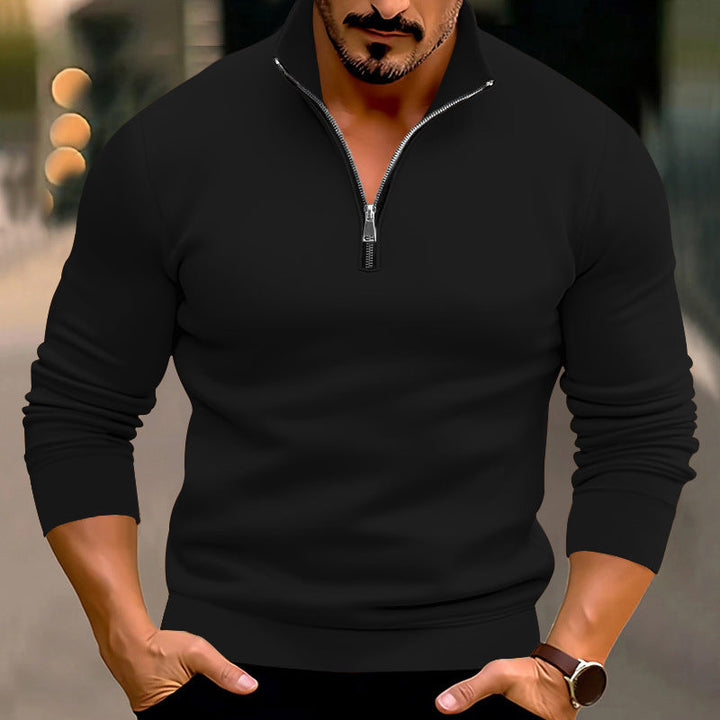 Pull homme ajusté en maille fine à zip court et col montant – Mune – Noir
