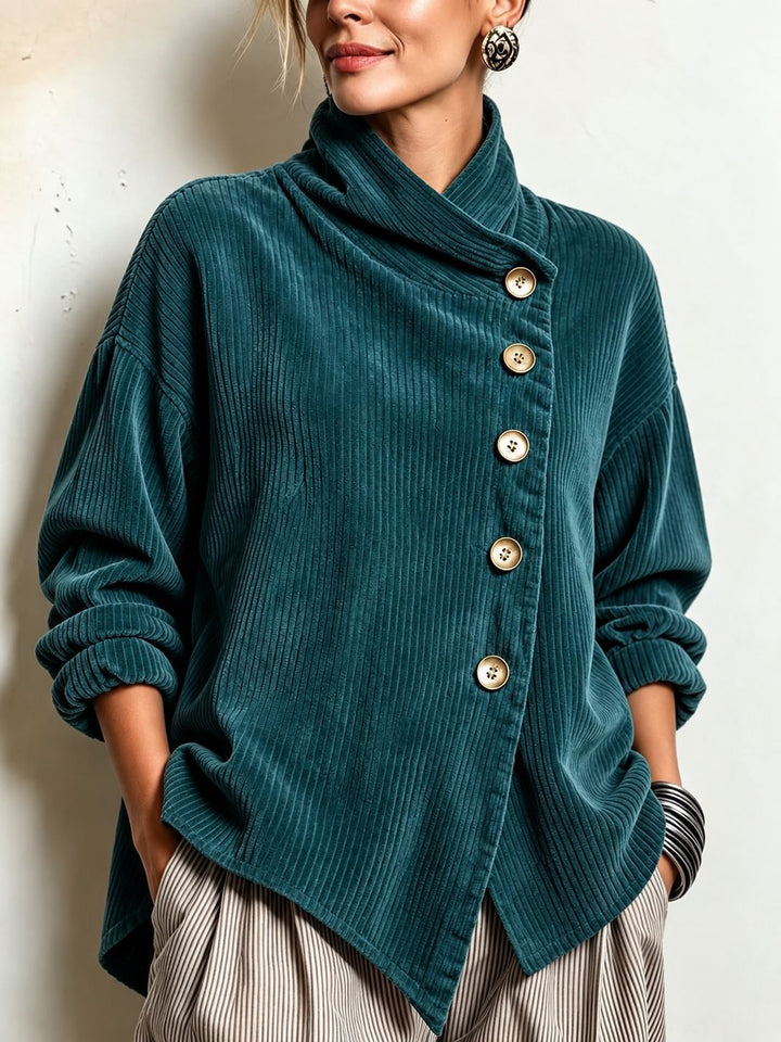 Pull femme en velours côtelé à col montant et boutonnage asymétrique – Capucine - Bleu marine