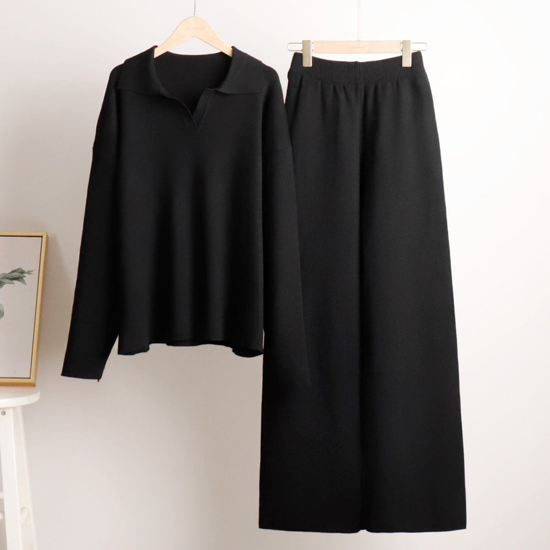 Ensemble femme en maille pull col polo et pantalon large – Juliette - vue 6