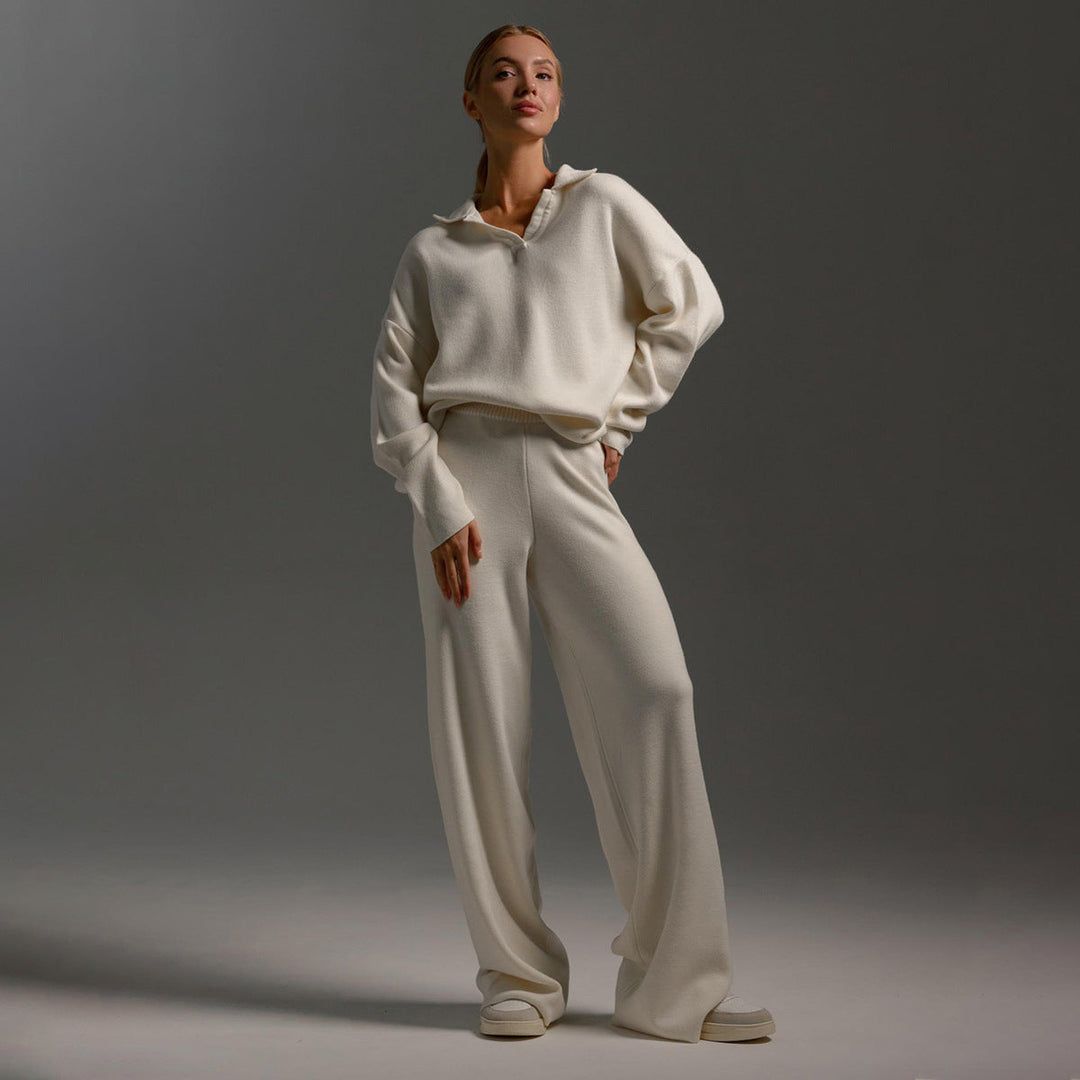 Ensemble femme en maille pull col polo et pantalon large – Juliette - Blanc