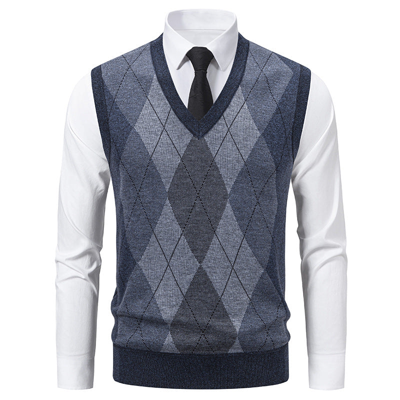 Pull sans manches homme col V à motif losanges en mélange mérinos – Argyle – Gris foncé