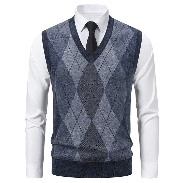 Pull sans manches homme col V à motif losanges en mélange mérinos – Argyle – Gris foncé