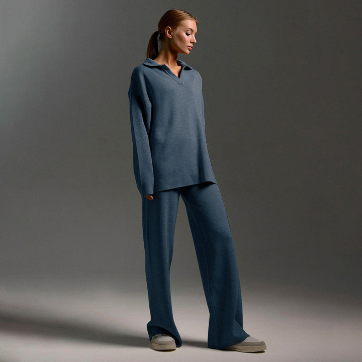 Ensemble femme en maille pull col polo et pantalon large – Juliette - vue 2