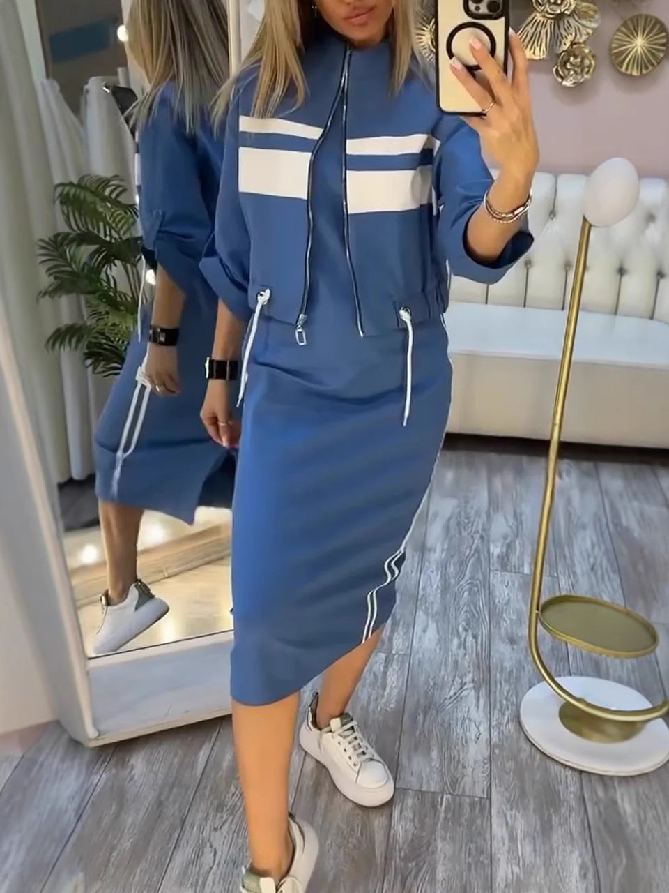 Ensemble femme veste bomber zippée et jupe crayon à bandes contrastées – Clémence - Bleu