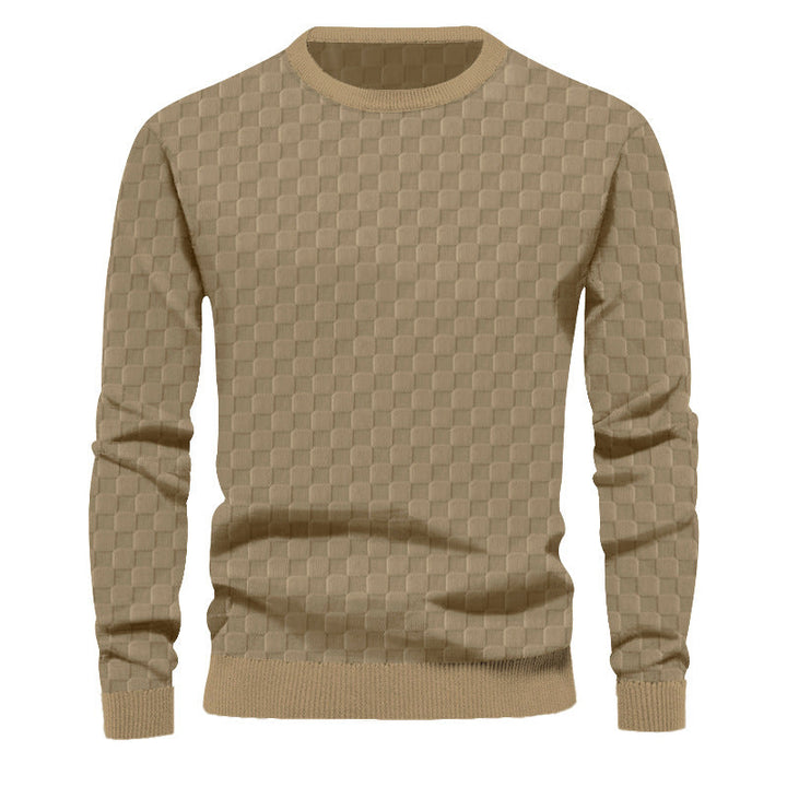 Pull col rond homme en maille structurée à relief carreaux – Oscar – Kaki