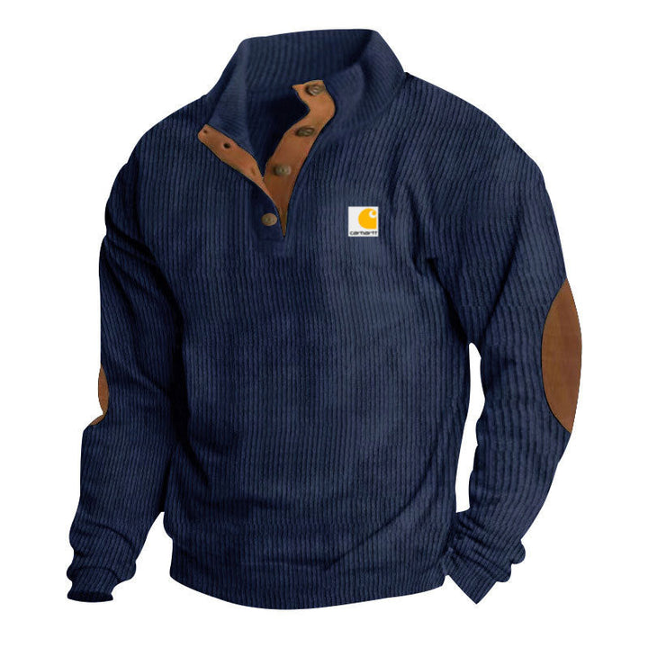 Pull camionneur homme en maille côtelée à col montant et coudières – Tobias – Bleu marine